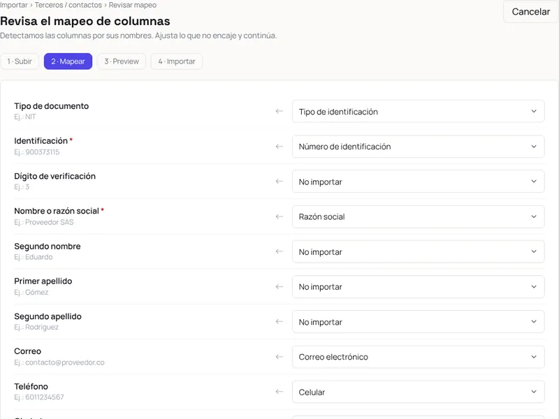 Importación con IA en Paxioli: columnas de un Excel reconocidas