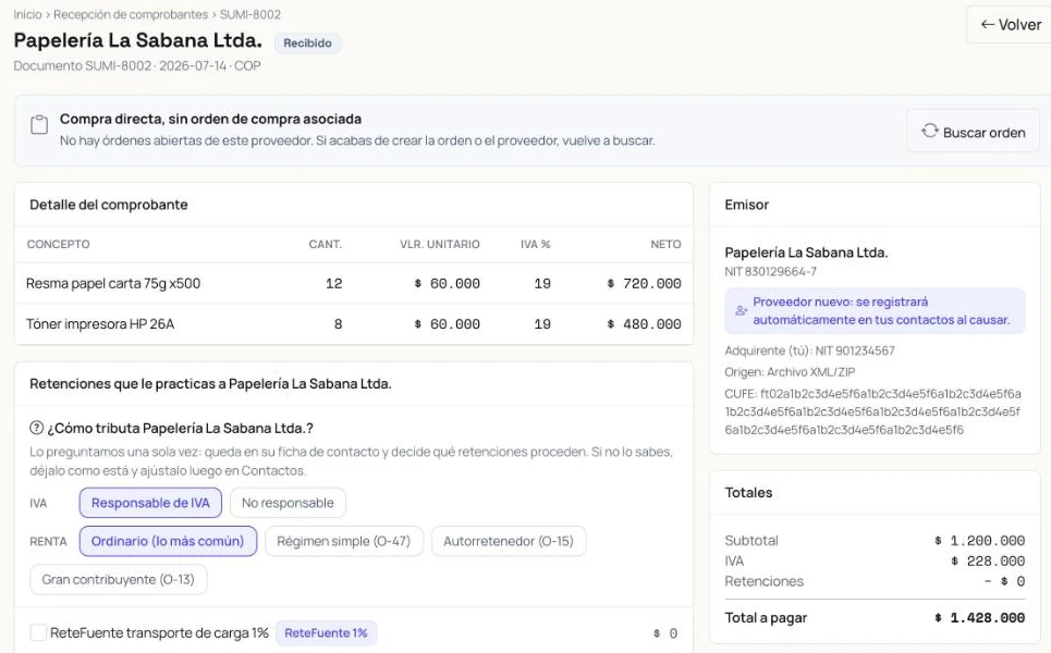 Factura recibida en Paxioli con el cruce contra la orden de compra, el detalle, el emisor y las retenciones según cómo tributa el proveedor