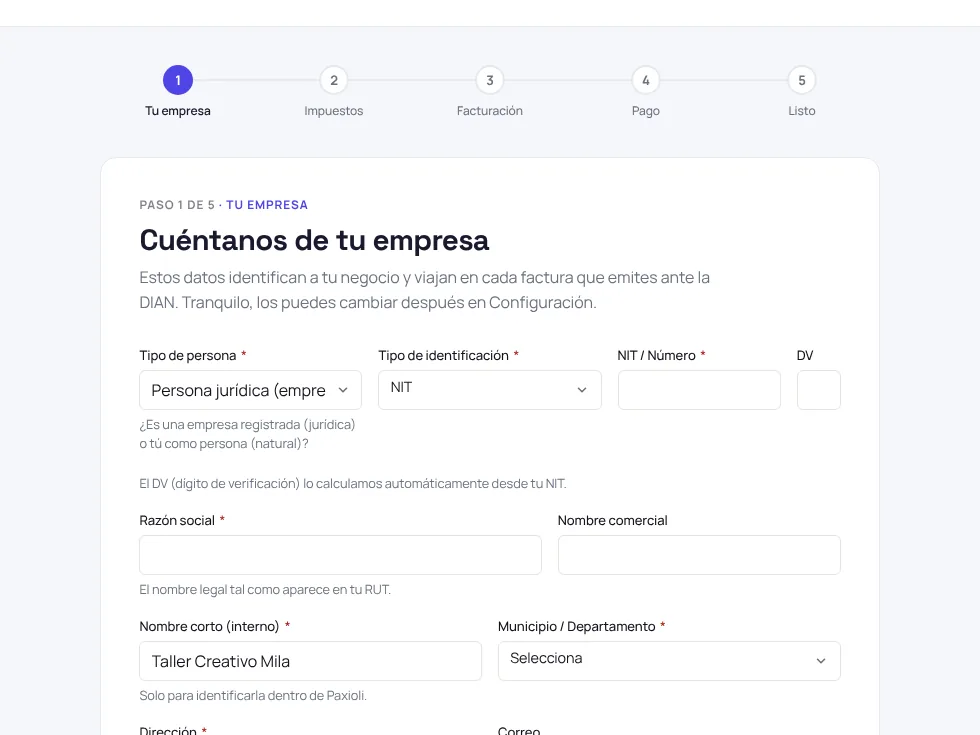 Asistente de inicio de Paxioli para configurar la empresa