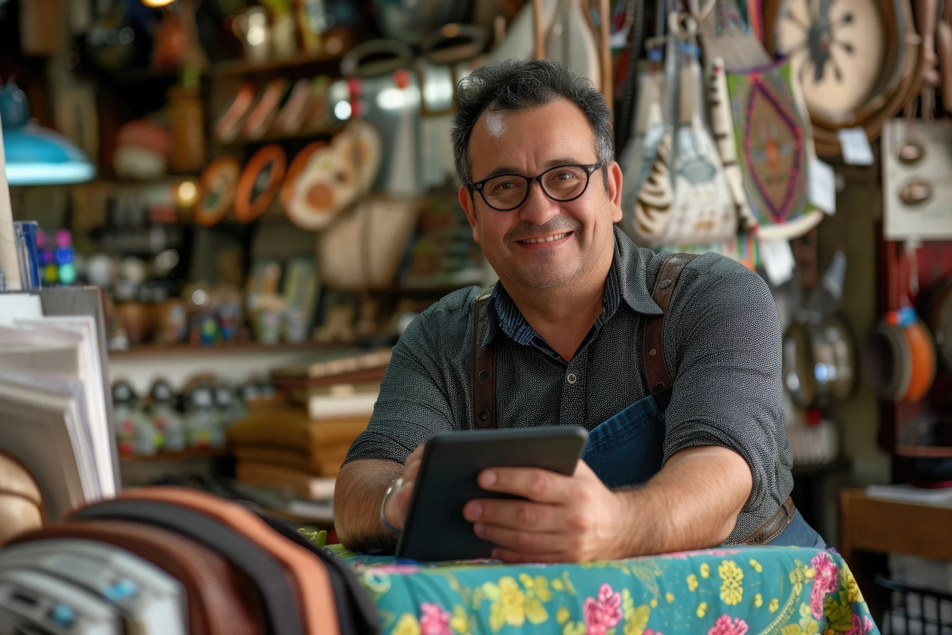 Dueño de un comercio en Colombia administrando sus ventas e inventario con Paxioli desde una tablet