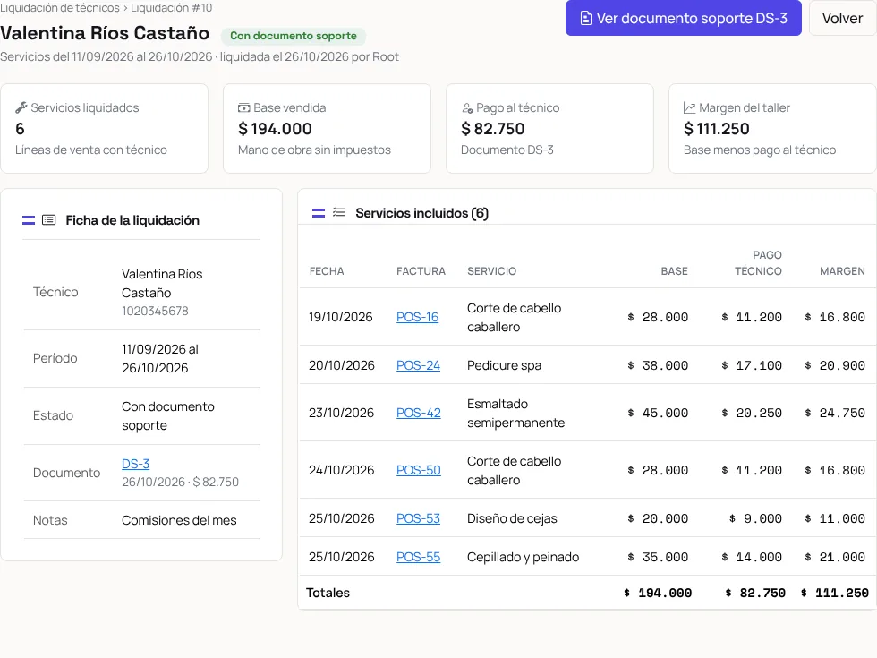 Liquidación de comisiones por técnico en Paxioli