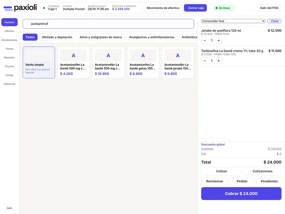 Caja POS de Paxioli buscando productos por nombre o código