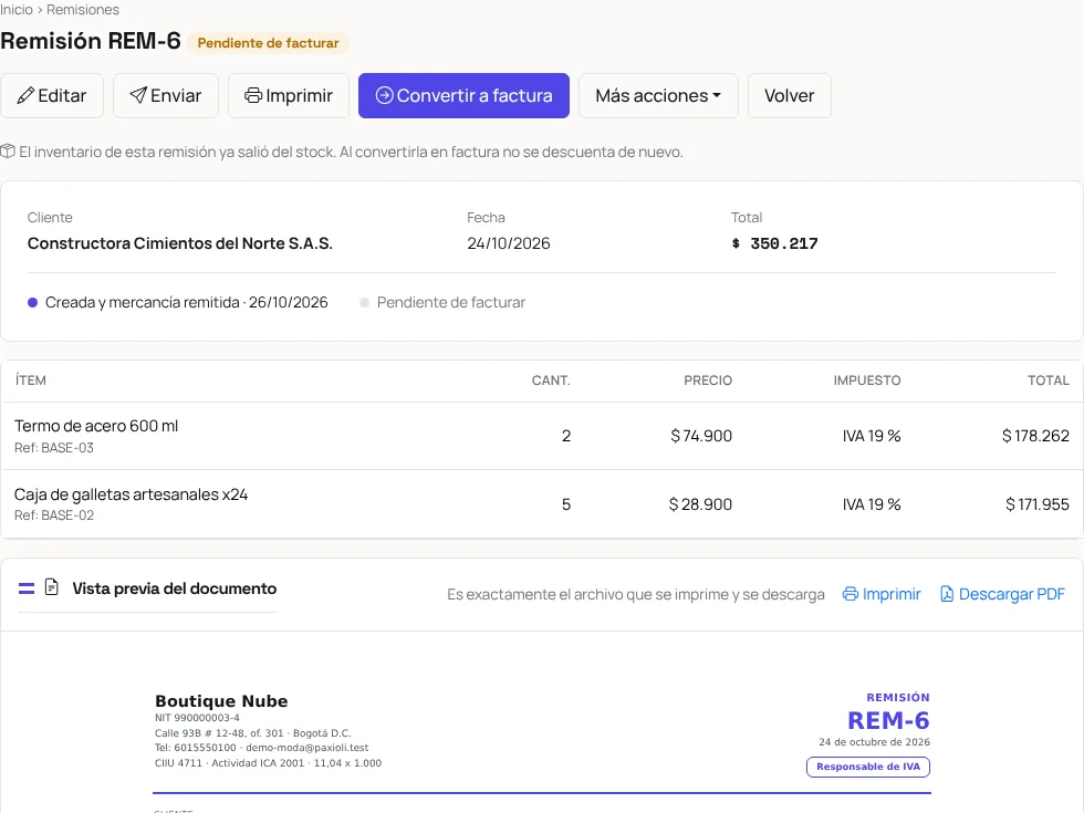 Remisión lista para convertir en factura en Paxioli