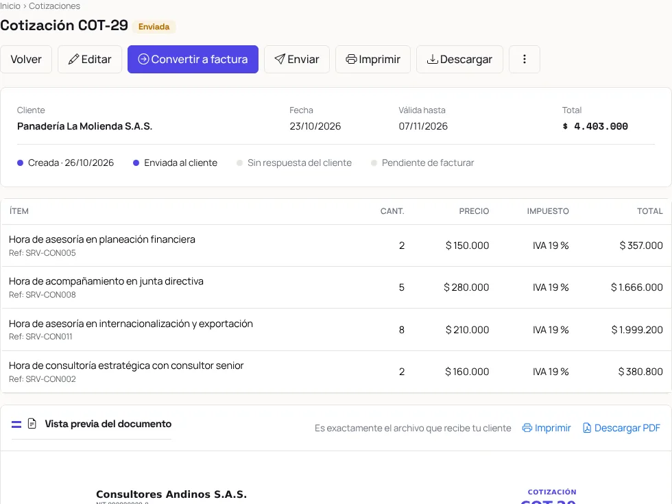 Cotización enviada al cliente desde Paxioli