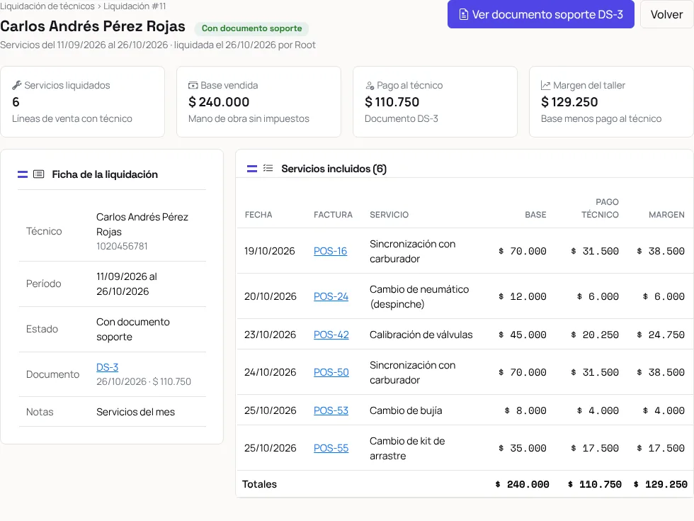 Liquidación de técnicos con su documento soporte en Paxioli