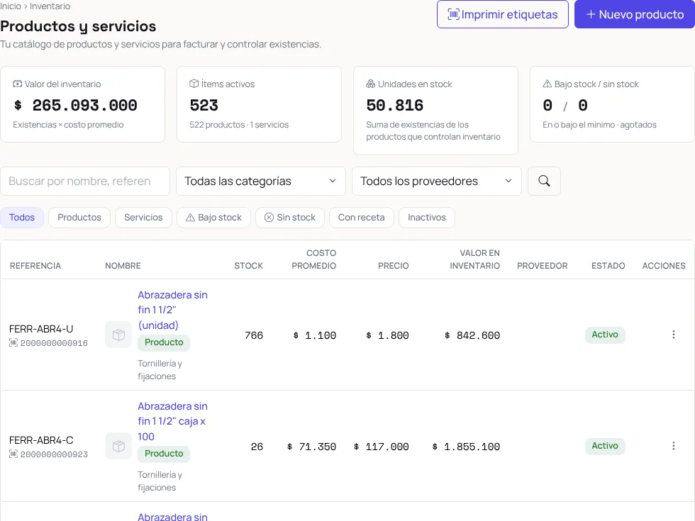 Productos y servicios en Paxioli: existencias, costo promedio, precio y valor en inventario de cada referencia