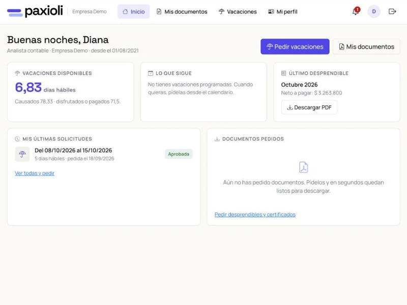Portal del empleado de Paxioli con el saldo de vacaciones, el último desprendible y sus solicitudes