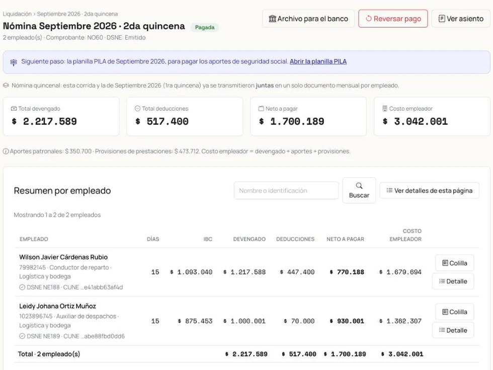 Liquidación de nómina en Paxioli con la lista de empleados, devengados, deducciones y neto a pagar